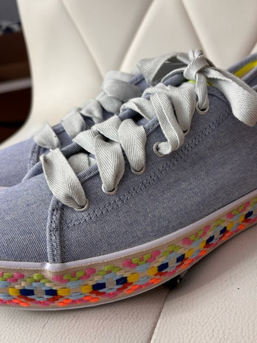 Keds Light Denim Blue Canvas Sneakers with Multicolor Woven Platform
